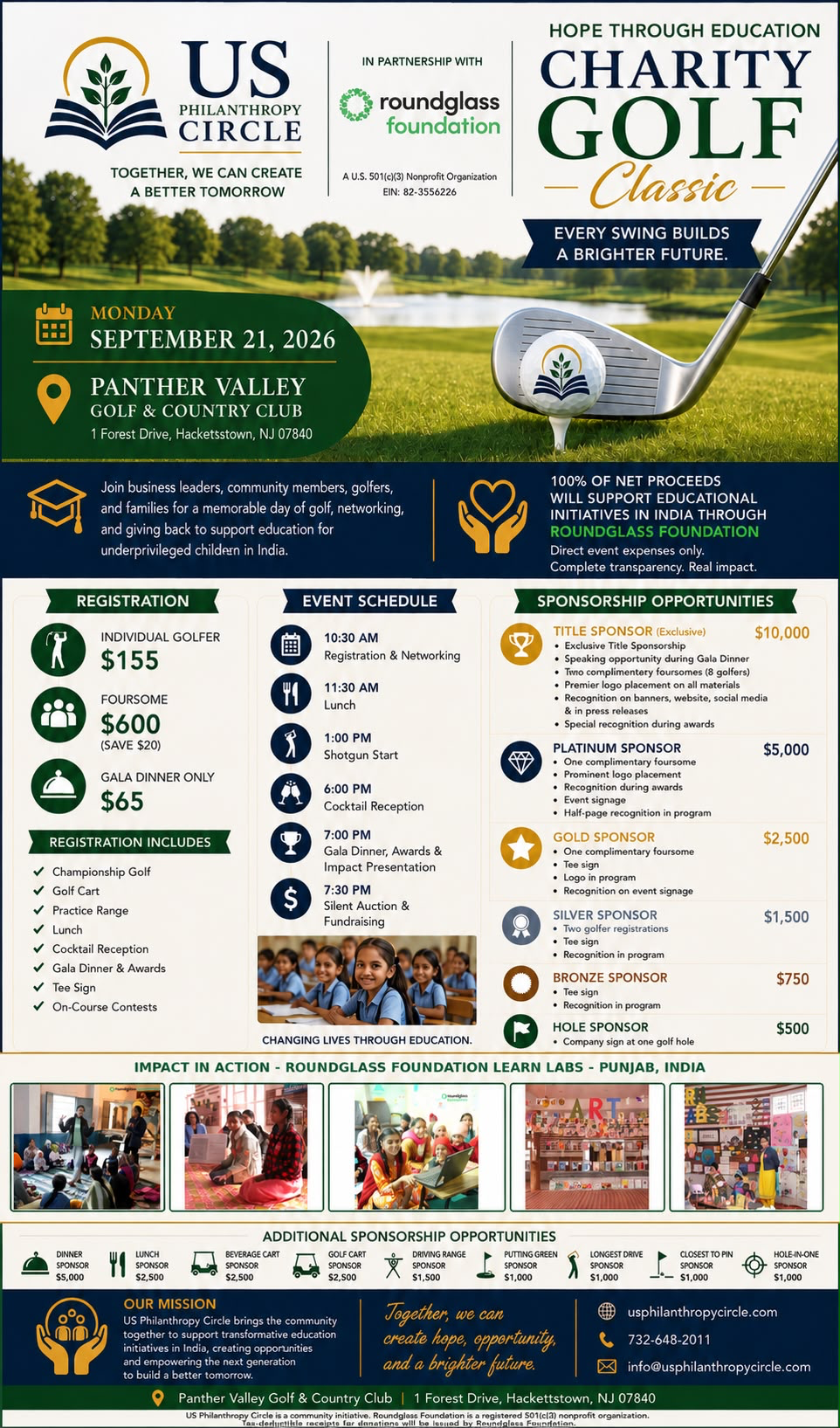 Hope Through Education Charity Golf Classic event flyer with schedule, registration and sponsorship details