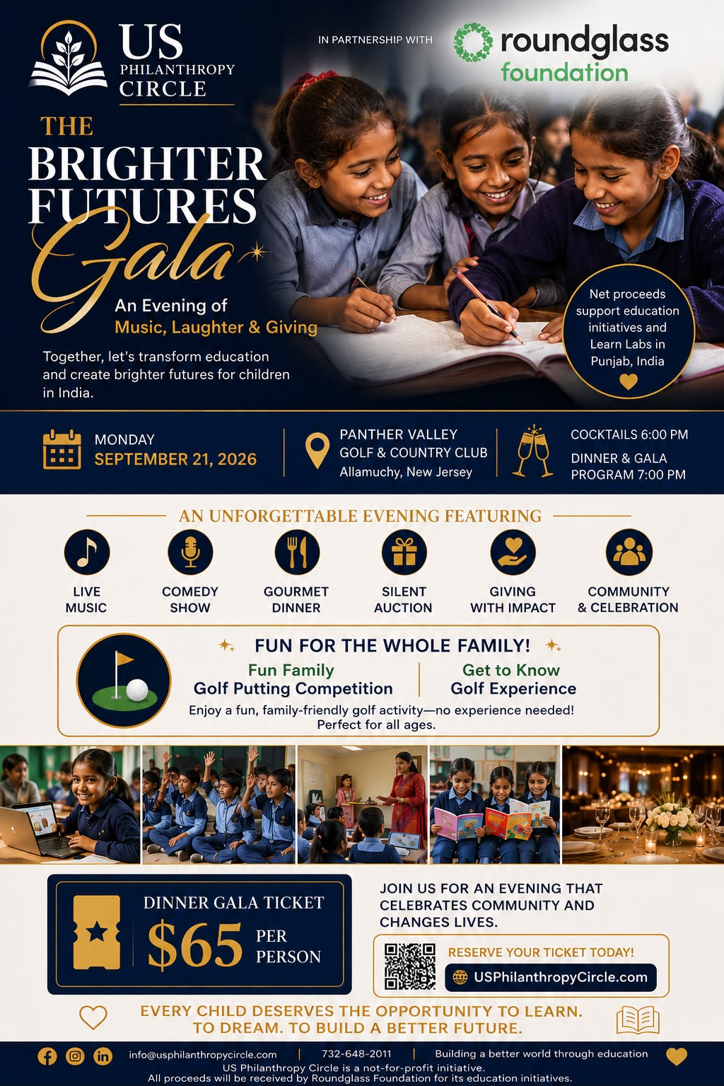The Brighter Futures Gala flyer — an evening of music, laughter and giving