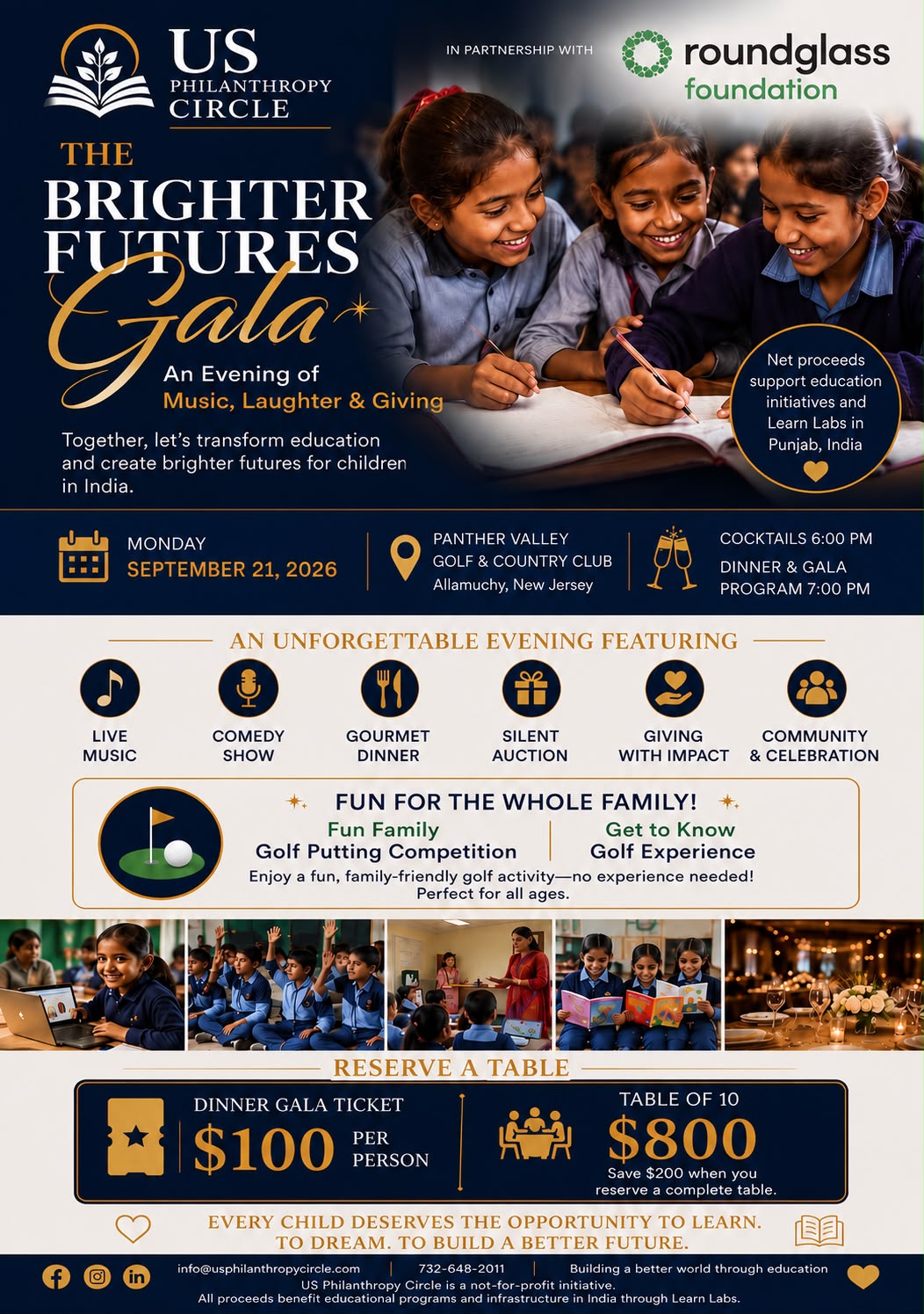 The Brighter Futures Gala flyer - an evening of music, laughter and giving