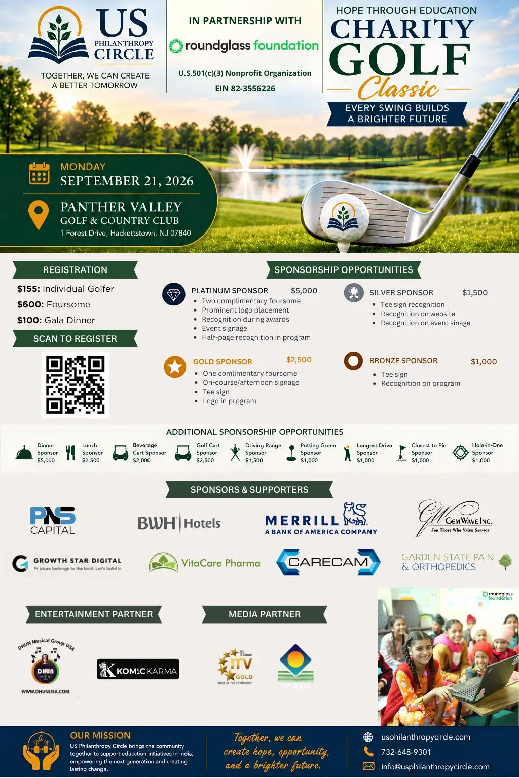 Hope Through Education Charity Golf Classic event flyer with schedule, registration and sponsorship details